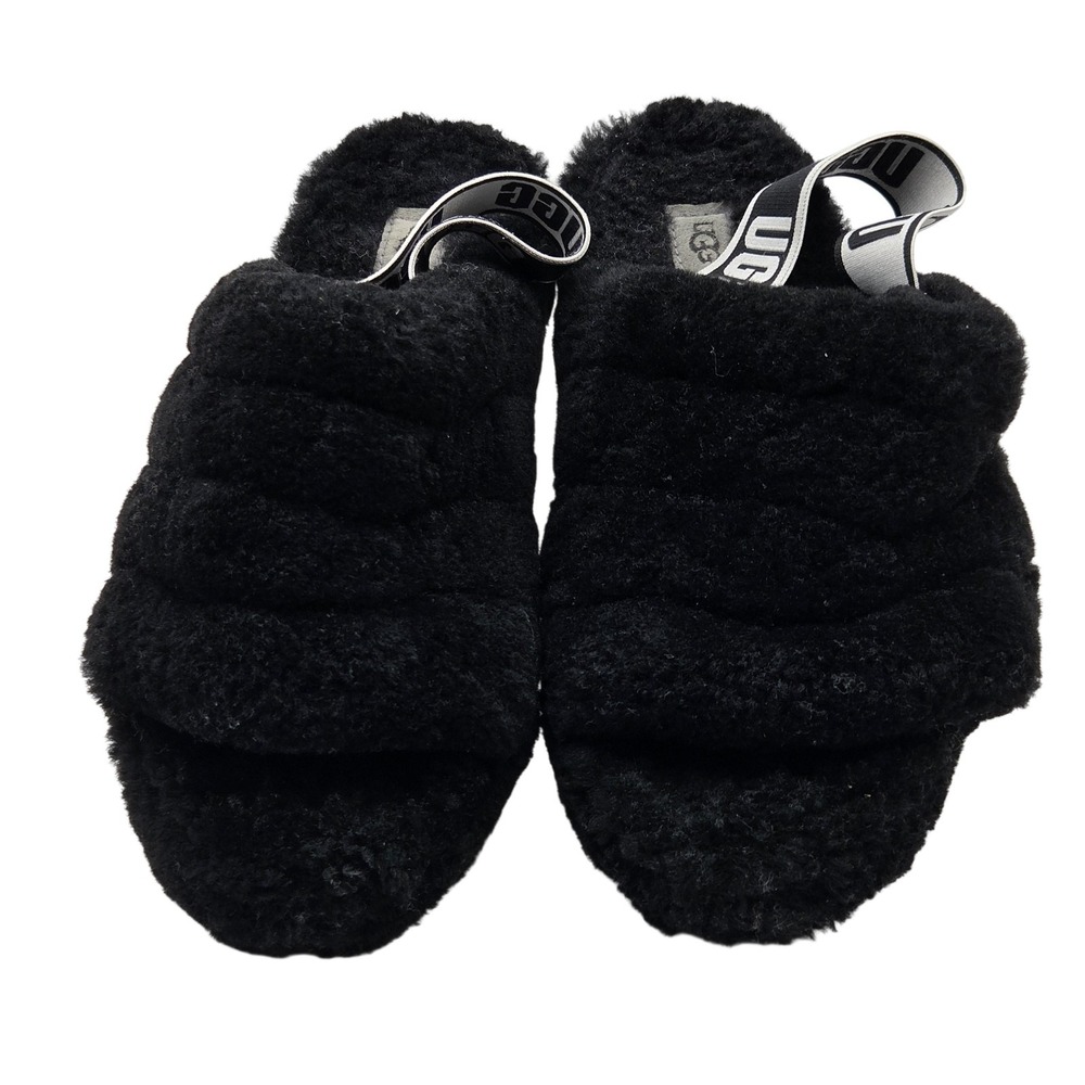 UGG Slippers Womens Size 9 Black Fleece Slide Logo Elastic Strap Fur Cozy